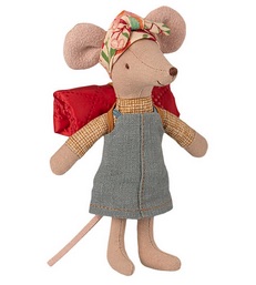 Maileg Mouse with white background wearing a denim dress and sleeping bag rolled on her back